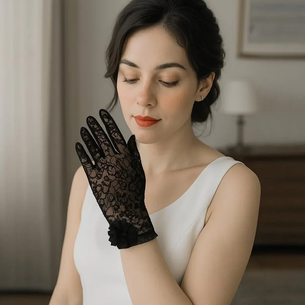 Women's Embroidery Black Short Lace Wrist Gloves Design Party Accessories